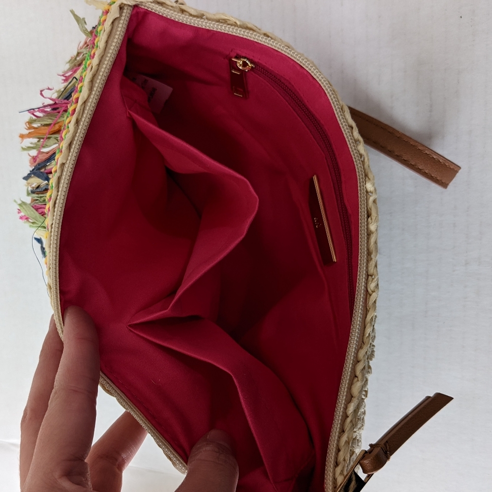 I.N.C Raffia Straw Colorful Fringe Trim Wristlet Clutch Crossbody Bag Resort - Picture 6 of 10